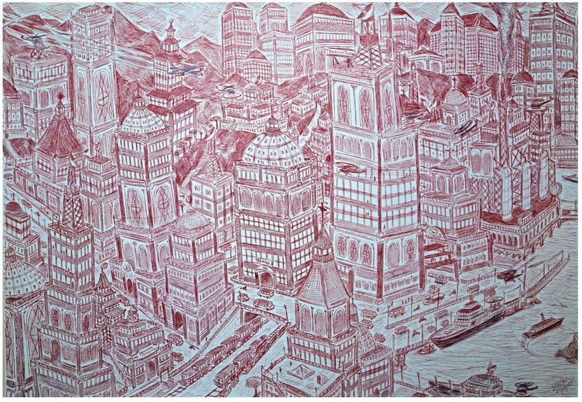 Œuvre d’art brut de Damián Valdés Dilla représentant une ville imaginaire