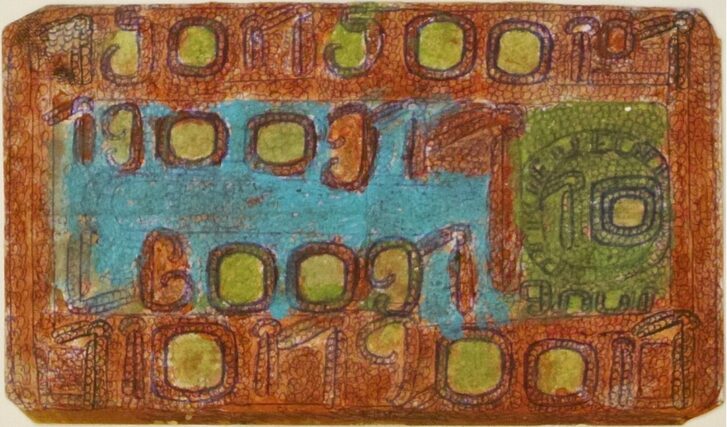 Raimundo Camilo — Sans titre Raimundo Camilo, billet de banque imaginaire couvert de chiffres et de motifs colorés bleus, verts et bruns, art brut brésilien