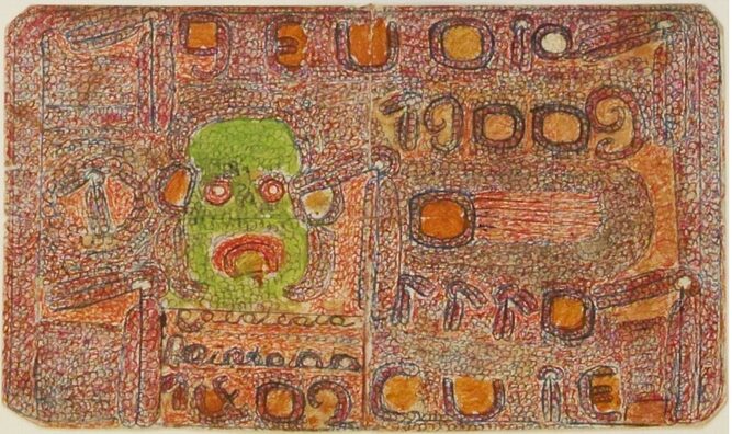 Raimundo Camilo — Sans titre Raimundo Camilo, billet de banque imaginaire avec visage vert, chiffres et motifs répétitifs orange et rouges, art brut brésilien