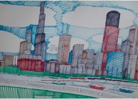 Wesley Willis, skyline de Chicago avec Sears Tower et circulation sur Lake Shore Drive, dessin urbain