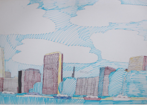 Wesley Willis, paysage urbain de Chicago, dessin aux crayons et stylos de couleur