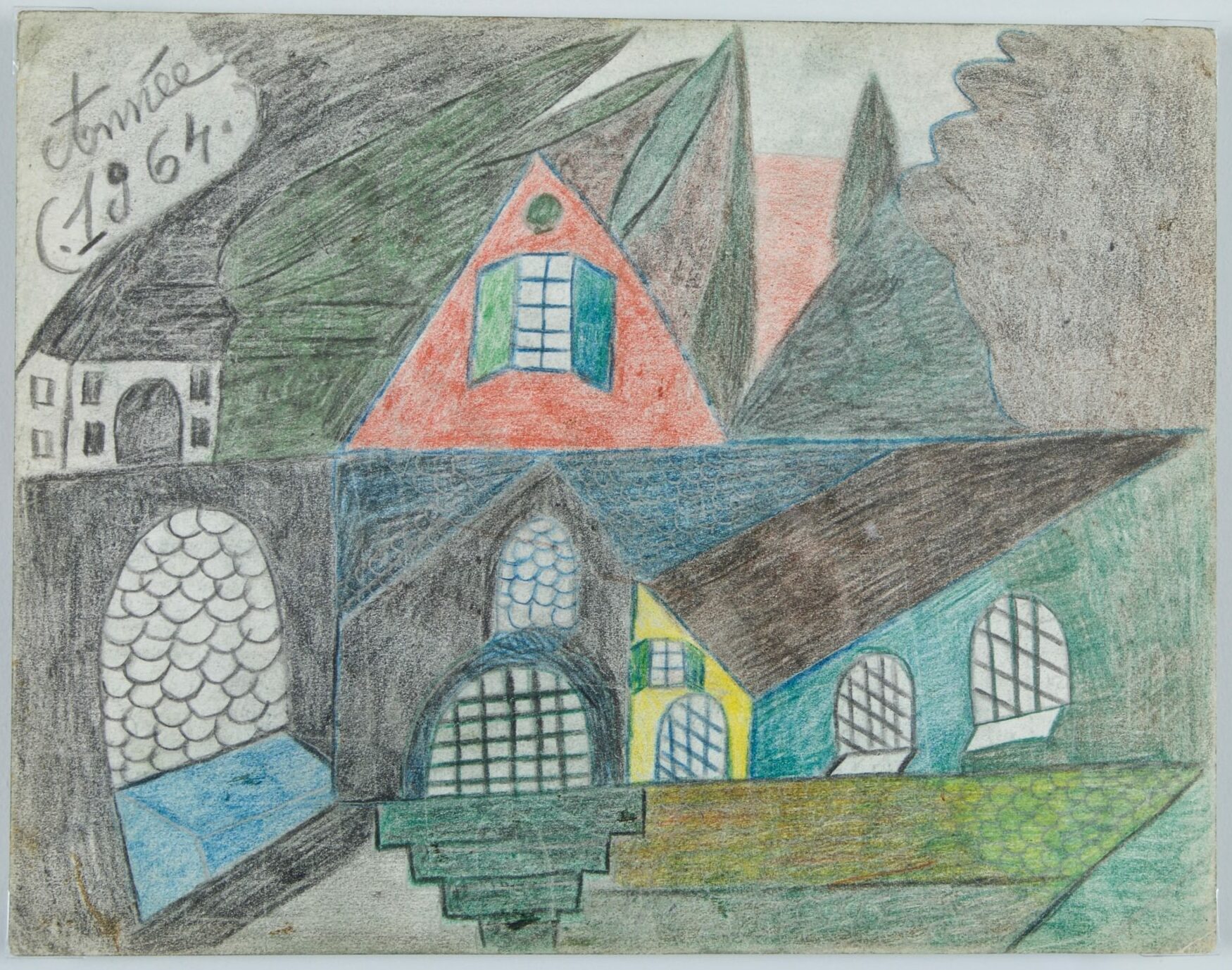 Œuvre d’art brut de Charles Schley, sans titre, 1964, architecture imaginaire