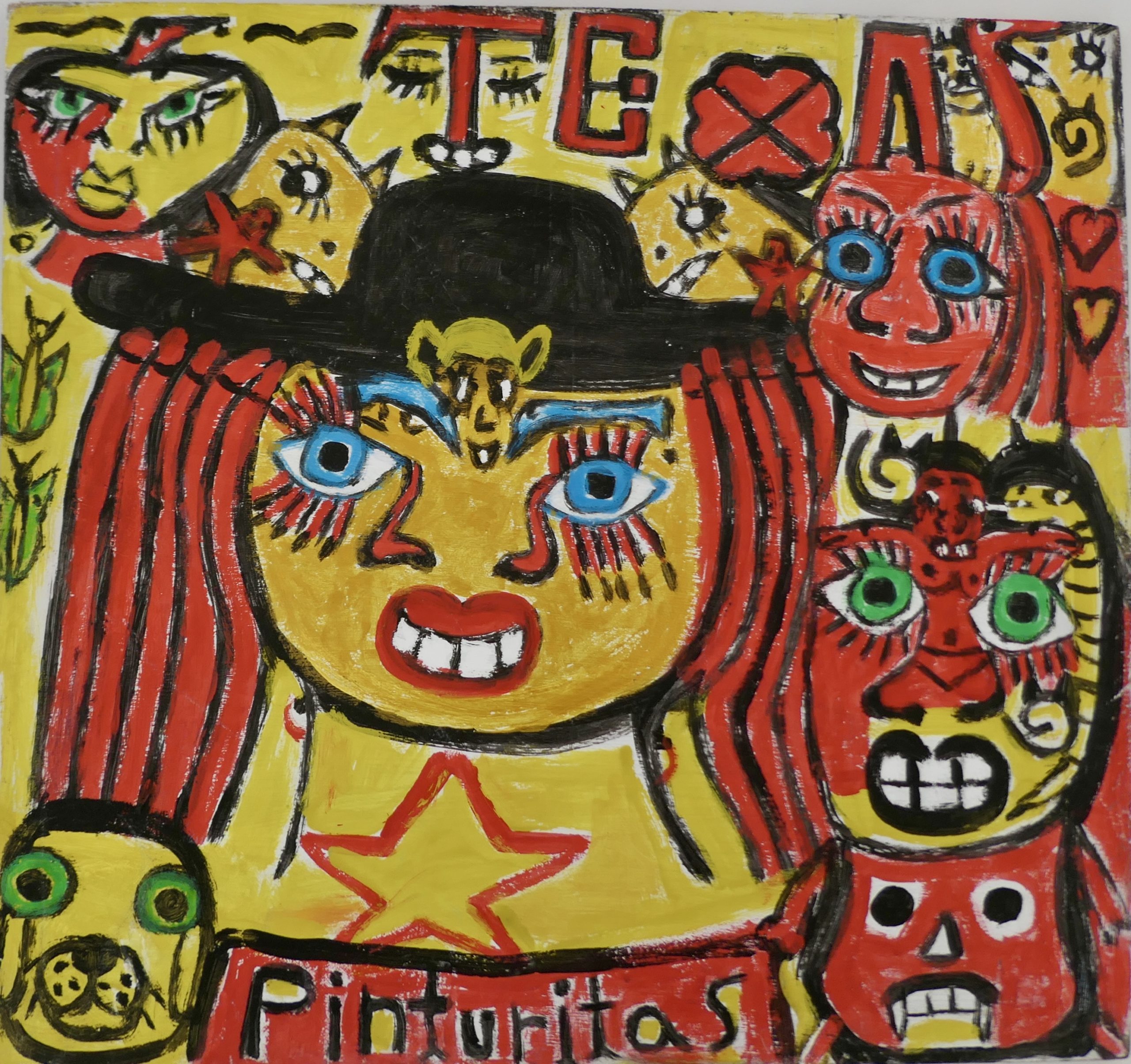 Œuvre d’art brut de La Pinturitas représentant une figure féminine au chapeau noir entourée de visages et de signes graphiques