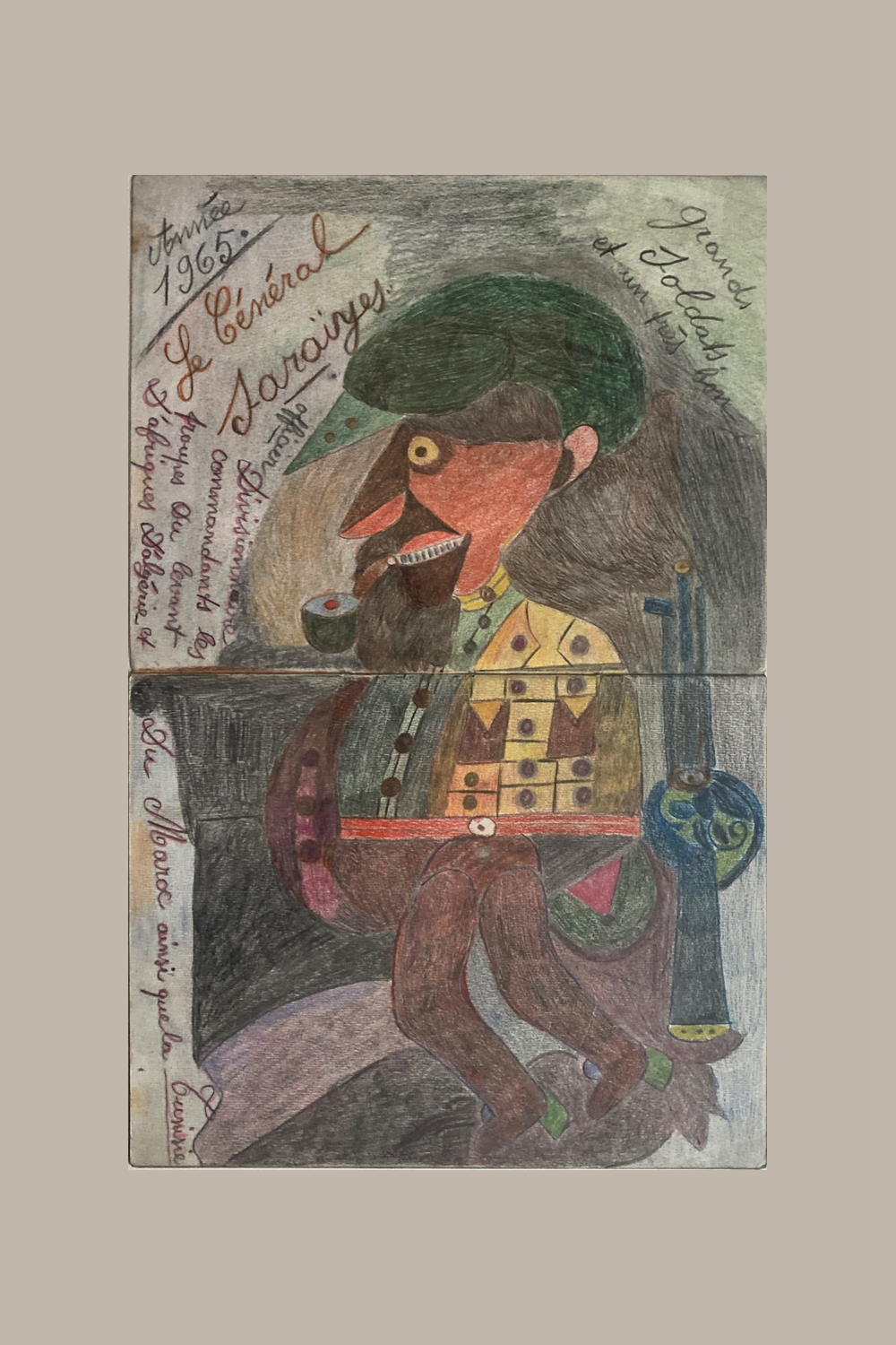 Dessin de Charles Schley daté de 1965 : personnage barbu en uniforme jaune et vert, coiffé d’une casquette verte, fumant la pipe, avec une arme bleue à droite.