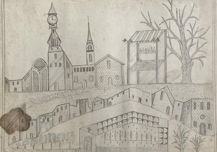 Agustina 01 Dessin au crayon d’Agustina Casals, artiste catalane du début du XXᵉ siècle : paysage structuré avec maisons simples, collines, arbres isolés et composition mêlant perspective frontale, coupe et vue aérienne, style art brut.