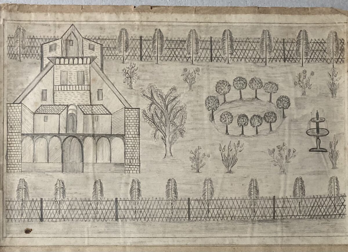 Agustina 05 Dessin au crayon d’Agustina Casals, artiste catalane du début du XXᵉ siècle : paysage structuré avec maisons simples, collines, arbres isolés et composition mêlant perspective frontale, coupe et vue aérienne, style art brut.