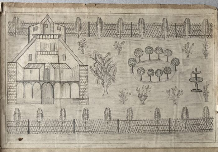 Agustina 05 Dessin au crayon d’Agustina Casals, artiste catalane du début du XXᵉ siècle : paysage structuré avec maisons simples, collines, arbres isolés et composition mêlant perspective frontale, coupe et vue aérienne, style art brut.