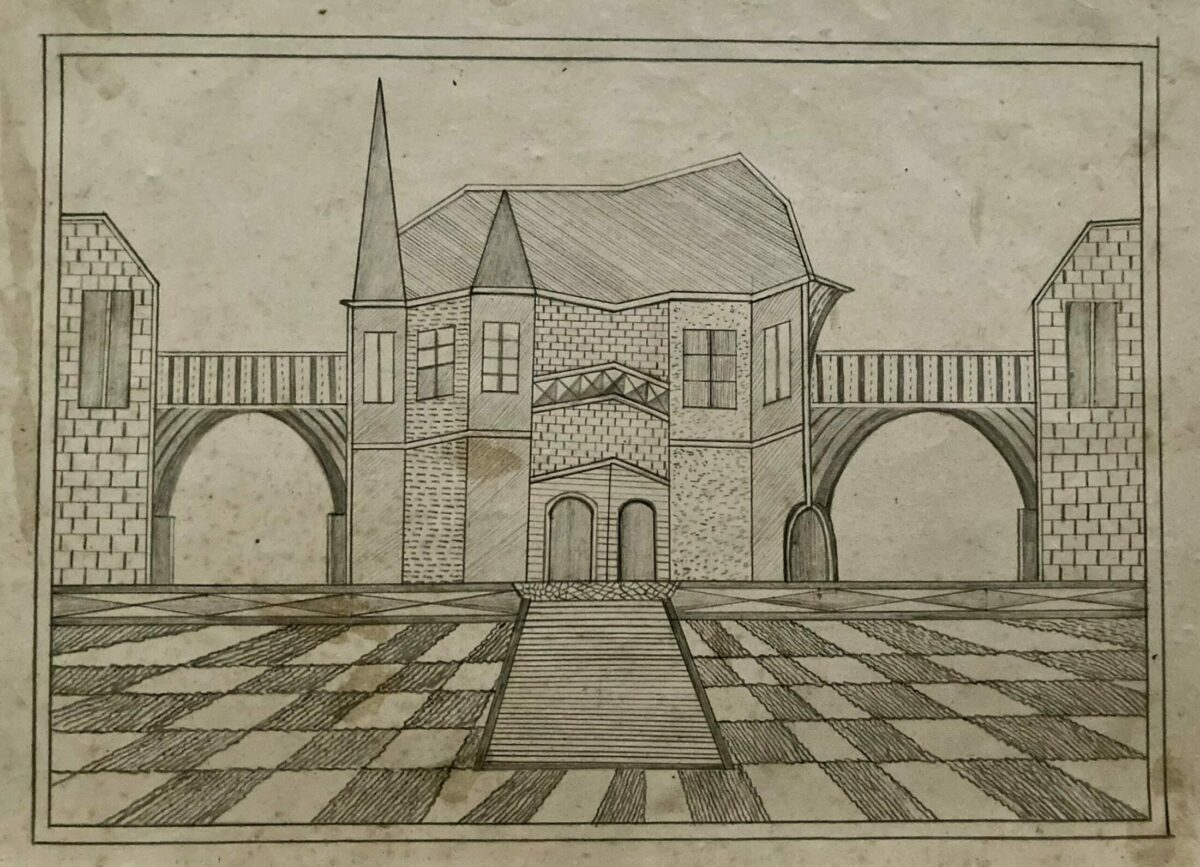 Agustina 06 Dessin au crayon d’Agustina Casals, artiste catalane du début du XXᵉ siècle : paysage structuré avec maisons simples, collines, arbres isolés et composition mêlant perspective frontale, coupe et vue aérienne, style art brut.