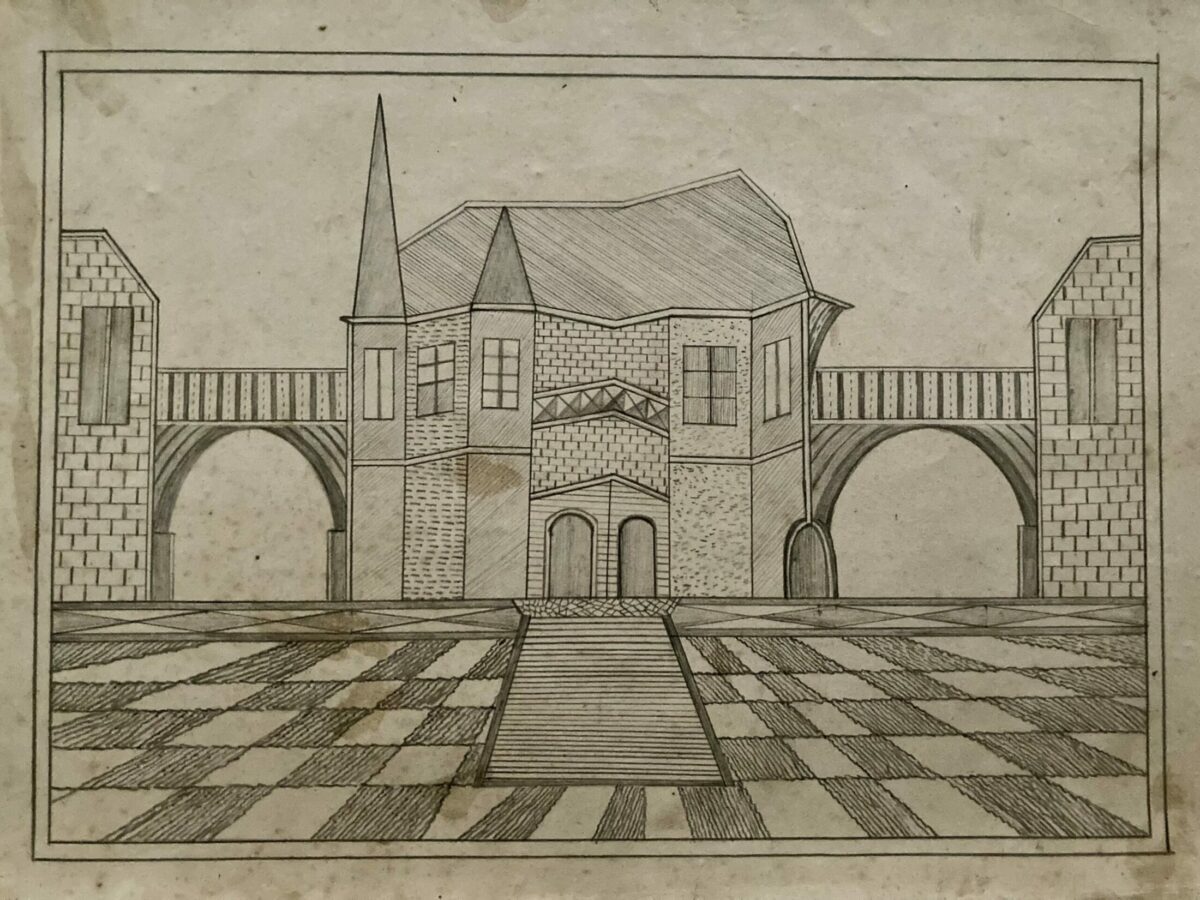 Dessin au crayon d’Agustina Casals, artiste catalane du début du XXᵉ siècle : paysage structuré avec maisons simples, collines, arbres isolés et composition mêlant perspective frontale, coupe et vue aérienne, style art brut.