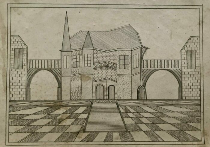 Agustina 06 Dessin au crayon d’Agustina Casals, artiste catalane du début du XXᵉ siècle : paysage structuré avec maisons simples, collines, arbres isolés et composition mêlant perspective frontale, coupe et vue aérienne, style art brut.