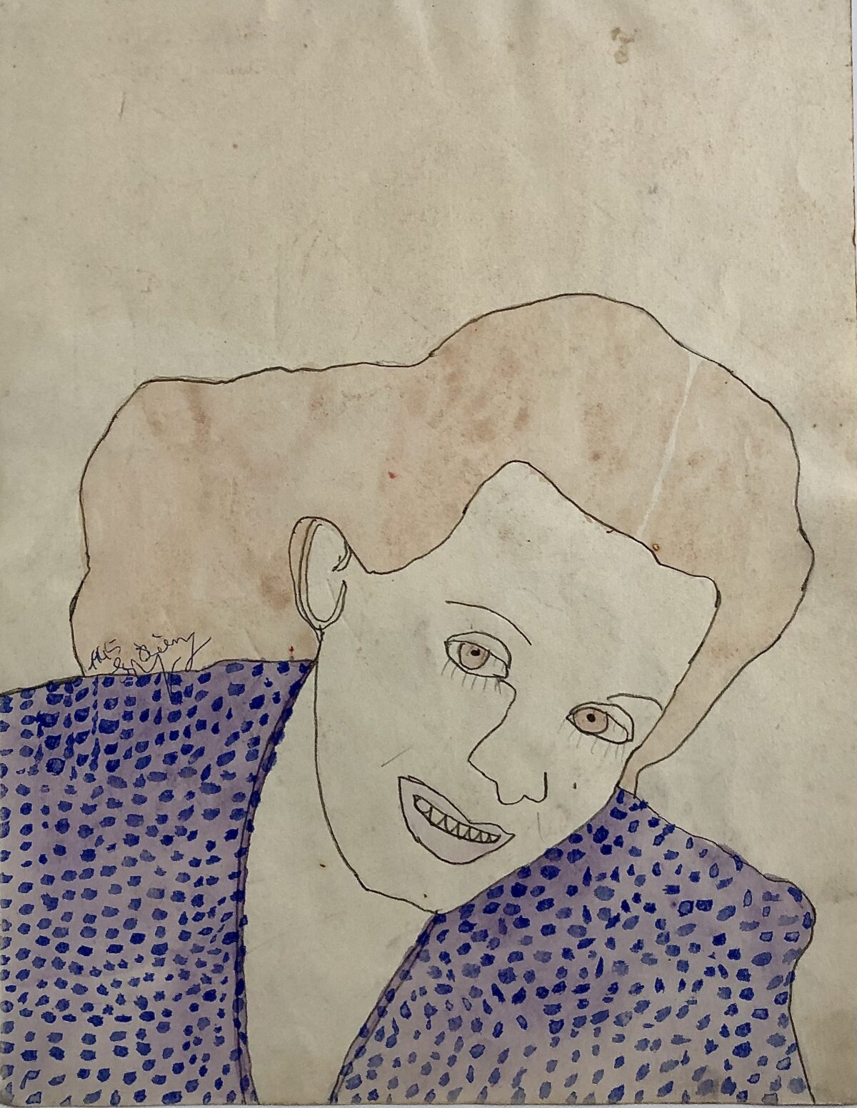 Portrait féminin en gouache par Reine Musgen (1944–1947), dessin au trait fin et motifs textiles colorés, art brut, portrait du milieu du XXe siècle.