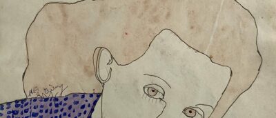 Portrait féminin en gouache par Reine Musgen (1944–1947), dessin au trait fin et motifs textiles colorés, art brut, portrait du milieu du XXe siècle.