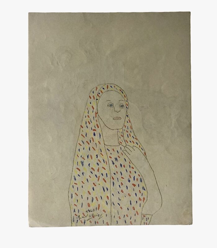 Reine Musgen Portrait féminin en gouache par Reine Musgen (1944–1947), dessin au trait fin et motifs textiles colorés, art brut, portrait du milieu du XXe siècle.