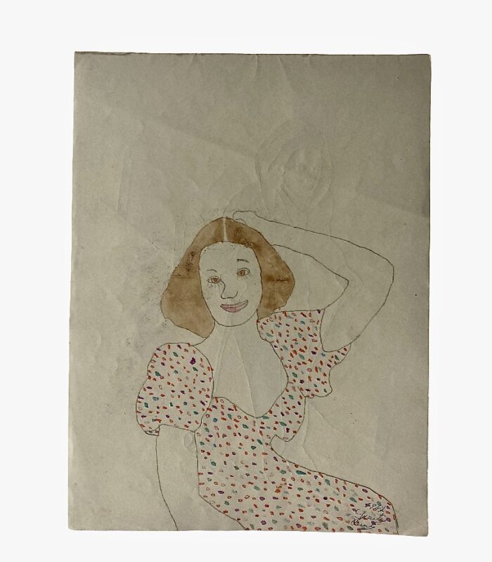 Reine Musgen 4 Portrait féminin en gouache par Reine Musgen (1944–1947), dessin au trait fin et motifs textiles colorés, art brut, portrait du milieu du XXe siècle.