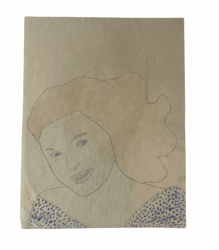 Reine Musgen Portrait féminin en gouache par Reine Musgen (1944–1947), dessin au trait fin et motifs textiles colorés, art brut, portrait du milieu du XXe siècle.