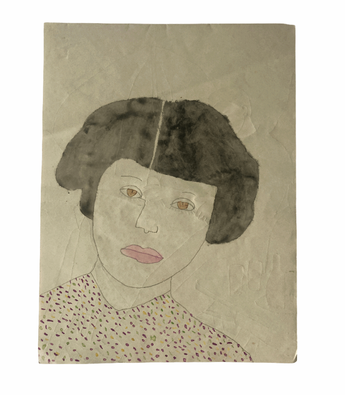 Reine Musgen Portrait féminin en gouache par Reine Musgen (1944–1947), dessin au trait fin et motifs textiles colorés, art brut, portrait du milieu du XXe siècle.