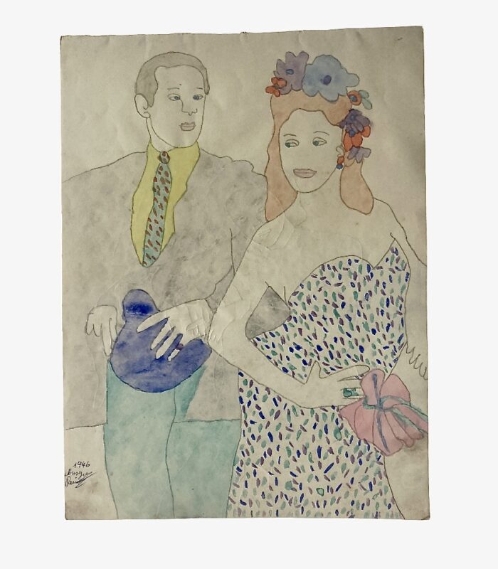 Reine Musgen 3 Portrait féminin en gouache par Reine Musgen (1944–1947), dessin au trait fin et motifs textiles colorés, art brut, portrait du milieu du XXe siècle.