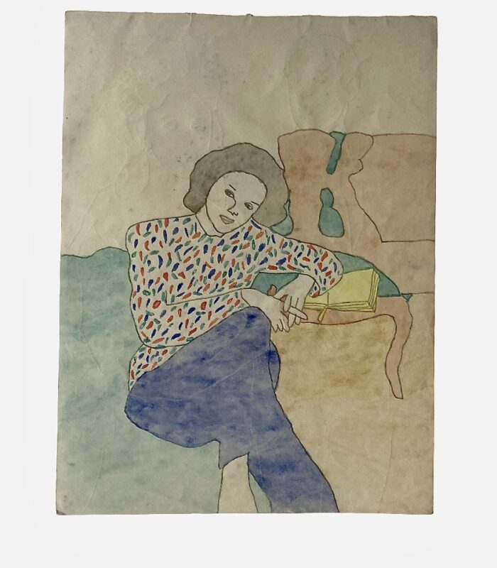 IMG_4248 3 Portrait féminin en gouache par Reine Musgen (1944–1947), dessin au trait fin et motifs textiles colorés, art brut, portrait du milieu du XXe siècle.