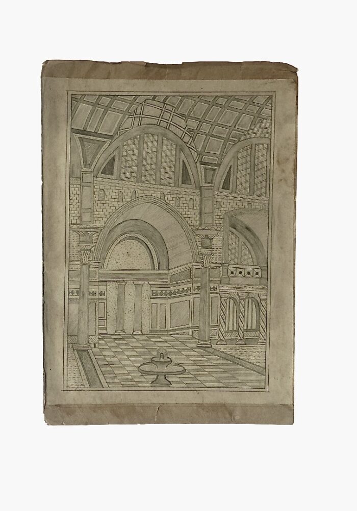 Dessin au crayon d’Agustina Casals, artiste catalane du début du XXᵉ siècle : paysage structuré avec maisons simples, collines, arbres isolés et composition mêlant perspective frontale, coupe et vue aérienne, style art brut.