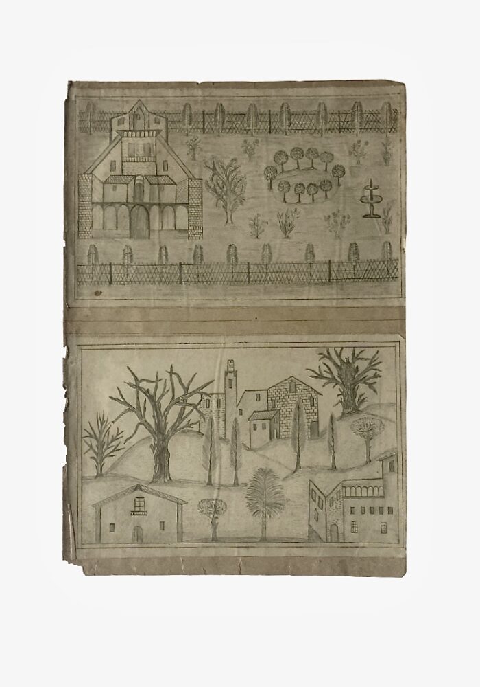 Dessin au crayon d’Agustina Casals, artiste catalane du début du XXᵉ siècle : paysage structuré avec maisons simples, collines, arbres isolés et composition mêlant perspective frontale, coupe et vue aérienne, style art brut.