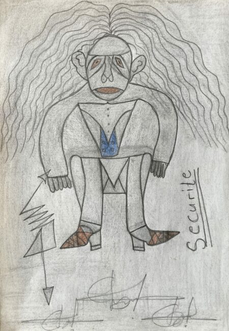 Ébou Ibrahim Kanteh — Œuvres d’art brut sur Supports Trouvés Dessin d’art brut réalisé sur support trouvé, présentant une figure frontale remplie de motifs répétitifs (étoiles, hachures, éclats) et une flèche-tag marquant le passage de la main. Style brut, symbolique et direct Contemporary outsider art