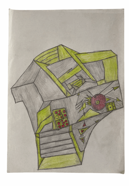 Ébou Ibrahim Kanteh — Œuvres d’art brut sur Supports Trouvés 11 Dessin d’art brut réalisé sur support trouvé, présentant une figure frontale remplie de motifs répétitifs (étoiles, hachures, éclats) et une flèche-tag marquant le passage de la main. Style brut, symbolique et direct Contemporary outsider art