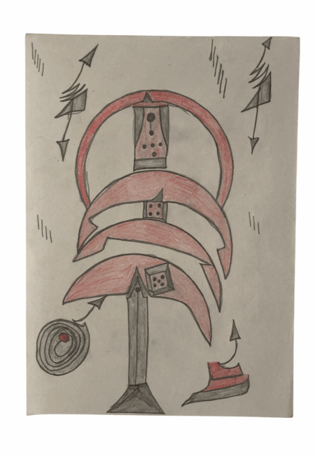 Ébou Ibrahim Kanteh — Œuvres d’brut brut sur Supports Trouvés 3 Dessin d’art brut réalisé sur support trouvé, présentant une figure frontale remplie de motifs répétitifs (étoiles, hachures, éclats) et une flèche-tag marquant le passage de la main. Style brut, symbolique et direct Contemporary outsider art