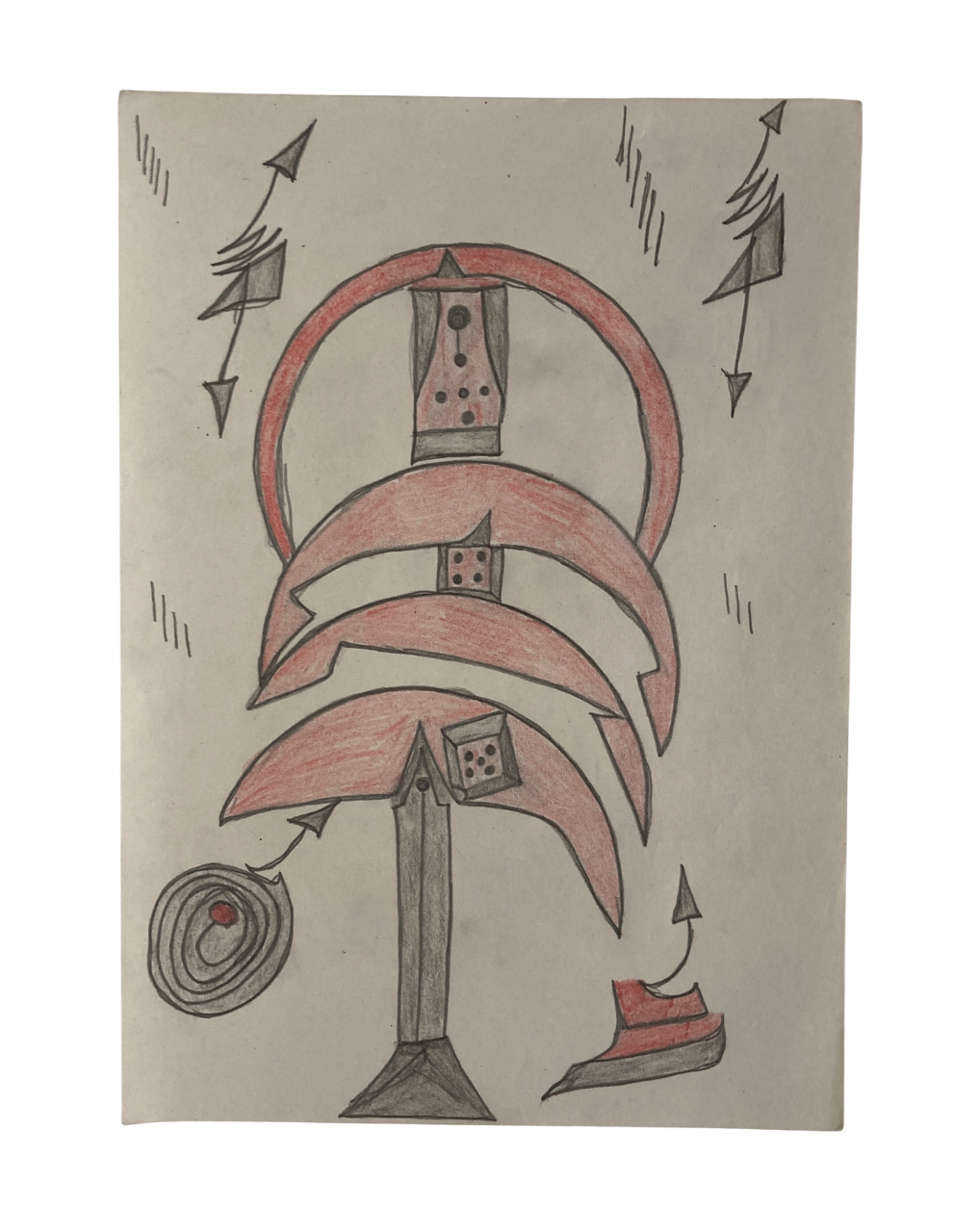 Ébou Ibrahim Kanteh — Œuvres d’brut brut sur Supports Trouvés 3 Dessin d’art brut réalisé sur support trouvé, présentant une figure frontale remplie de motifs répétitifs (étoiles, hachures, éclats) et une flèche-tag marquant le passage de la main. Style brut, symbolique et direct Contemporary outsider art
