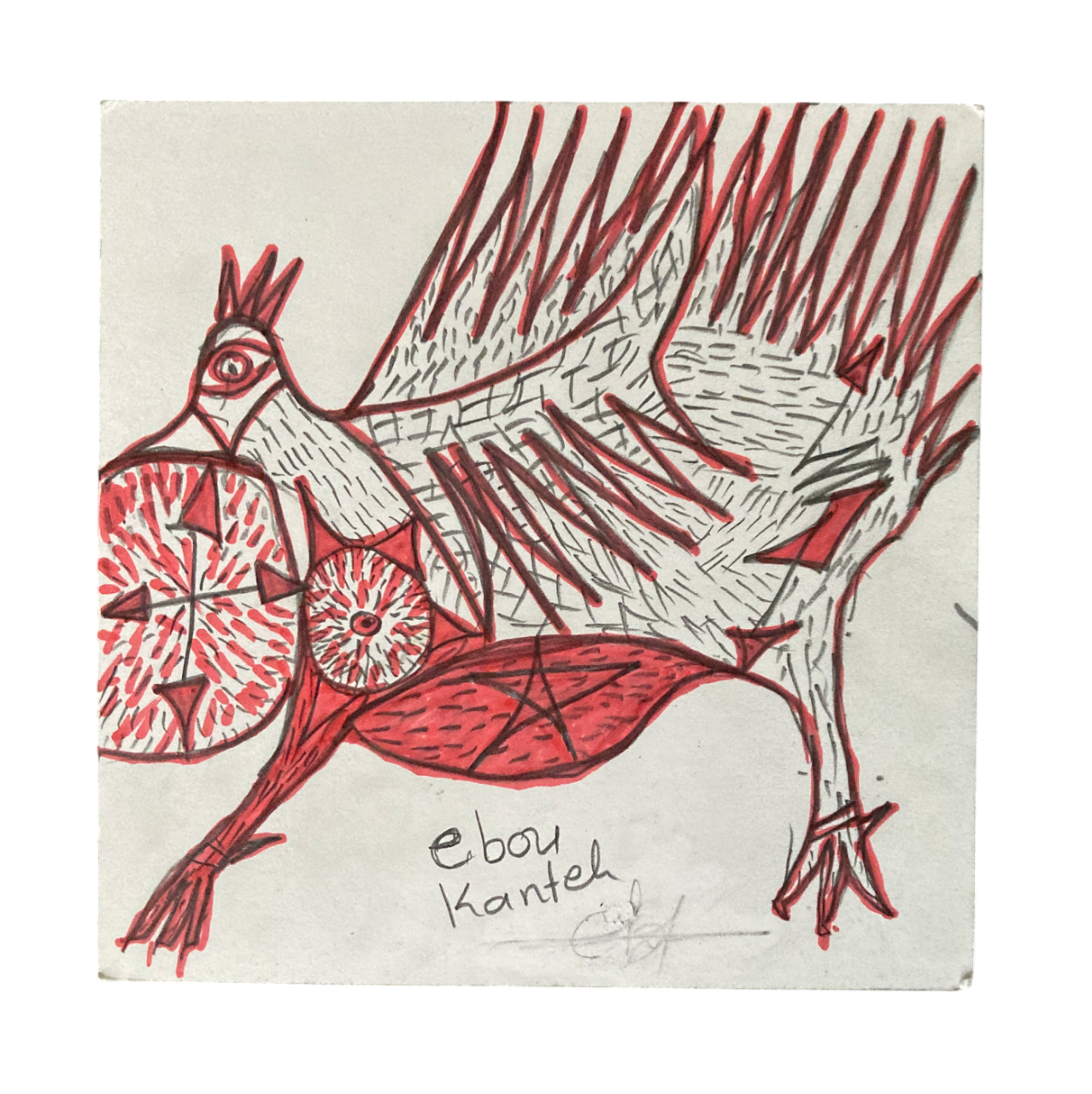 Dessin d’art brut réalisé sur support trouvé, présentant une figure frontale remplie de motifs répétitifs (étoiles, hachures, éclats) et une flèche-tag marquant le passage de la main. Style brut, symbolique et direct Contemporary outsider art