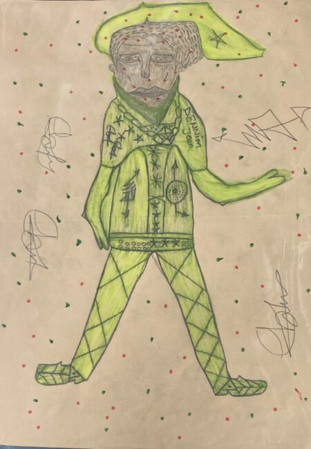 Ébou Ibrahim Kanteh — Œuvres d’art brut sur Supports Trouvés 1 Dessin d’art brut réalisé sur support trouvé, présentant une figure frontale remplie de motifs répétitifs (étoiles, hachures, éclats) et une flèche-tag marquant le passage de la main. Style brut, symbolique et direct Contemporary outsider art