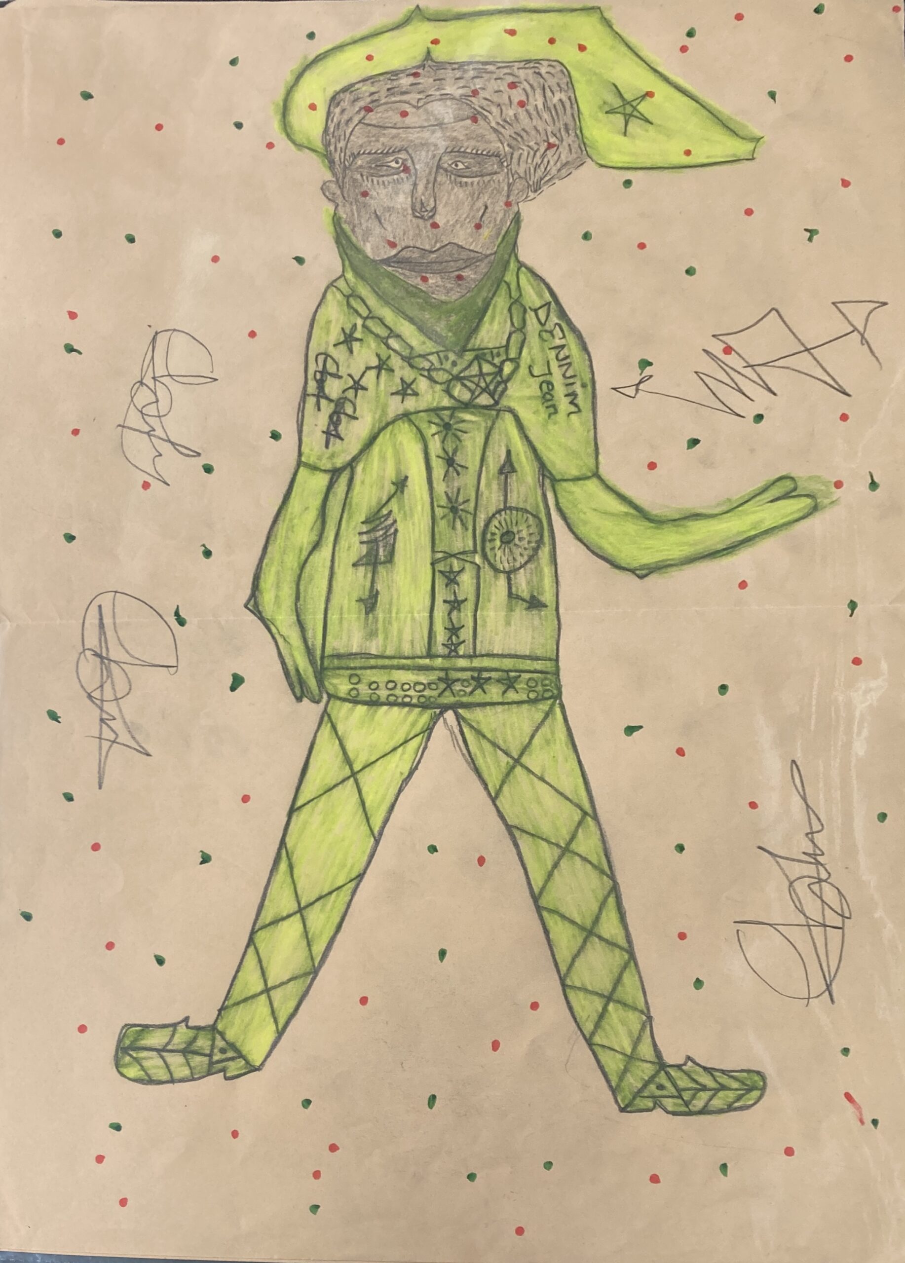 Ébou Ibrahim Kanteh — Œuvres d’art brut sur Supports Trouvés 1 Dessin d’art brut réalisé sur support trouvé, présentant une figure frontale remplie de motifs répétitifs (étoiles, hachures, éclats) et une flèche-tag marquant le passage de la main. Style brut, symbolique et direct Contemporary outsider art