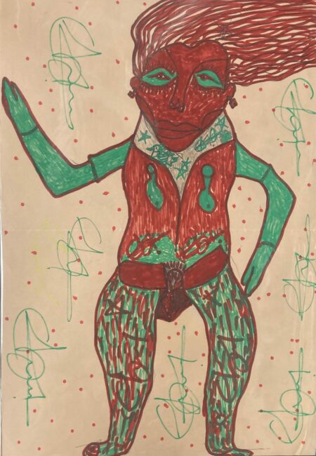 Ébou Ibrahim Kanteh — Œuvres d’brut brut sur Supports Trouvés Dessin d’art brut réalisé sur support trouvé, présentant une figure frontale remplie de motifs répétitifs (étoiles, hachures, éclats) et une flèche-tag marquant le passage de la main. Style brut, symbolique et direct Contemporary outsider art
