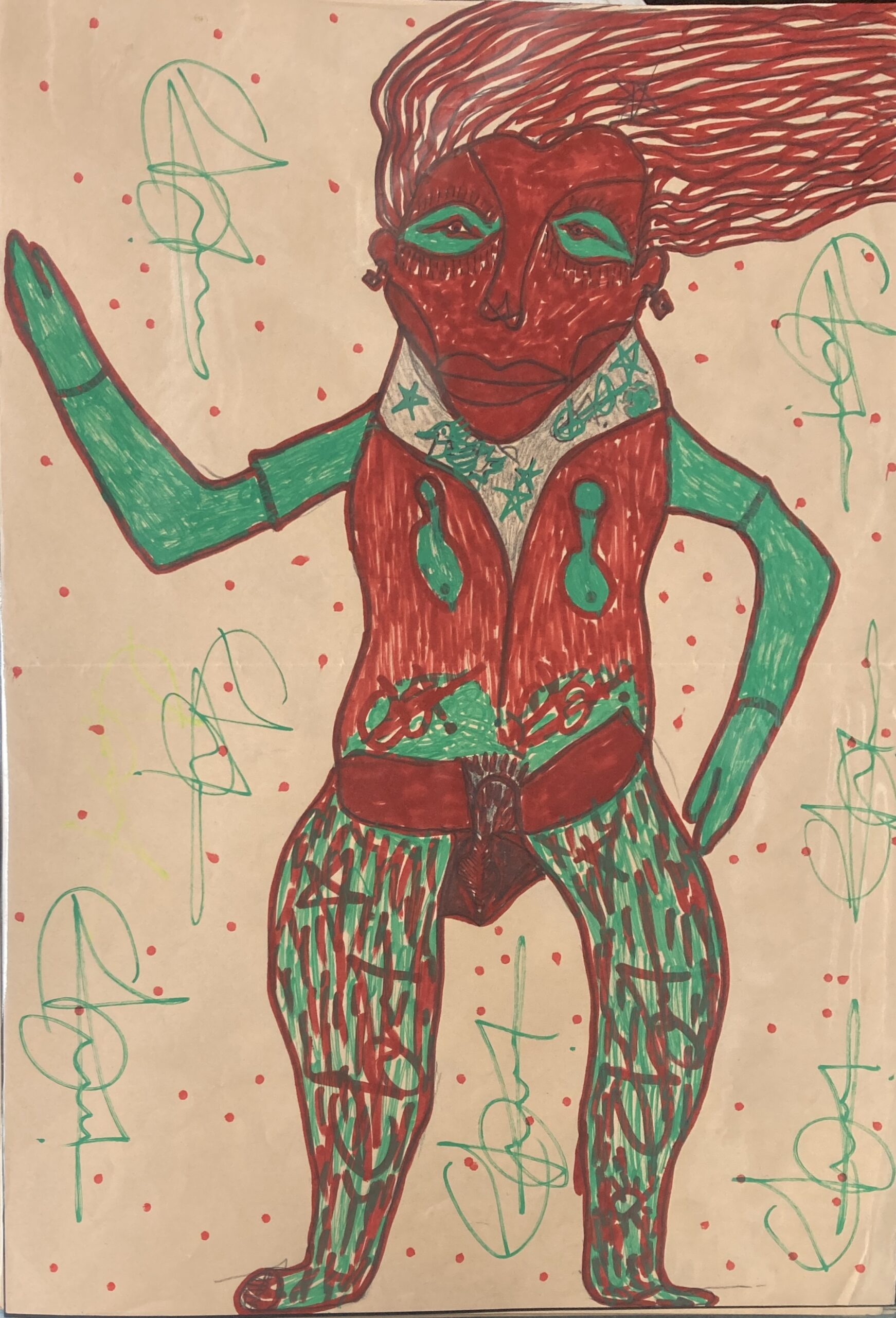 Ébou Ibrahim Kanteh — Œuvres d’brut brut sur Supports Trouvés Dessin d’art brut réalisé sur support trouvé, présentant une figure frontale remplie de motifs répétitifs (étoiles, hachures, éclats) et une flèche-tag marquant le passage de la main. Style brut, symbolique et direct Contemporary outsider art