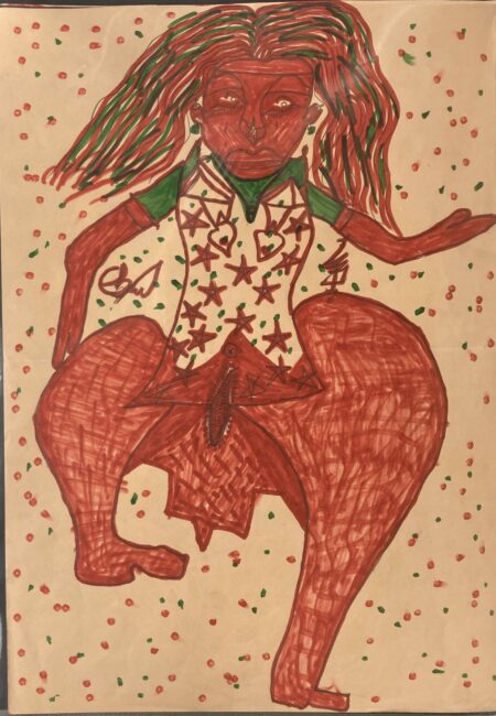 Ébou Ibrahim Kanteh — Œuvres d’art brut sur Supports Trouvés Dessin d’art brut réalisé sur support trouvé, présentant une figure frontale remplie de motifs répétitifs (étoiles, hachures, éclats) et une flèche-tag marquant le passage de la main. Style brut, symbolique et direct Contemporary outsider art