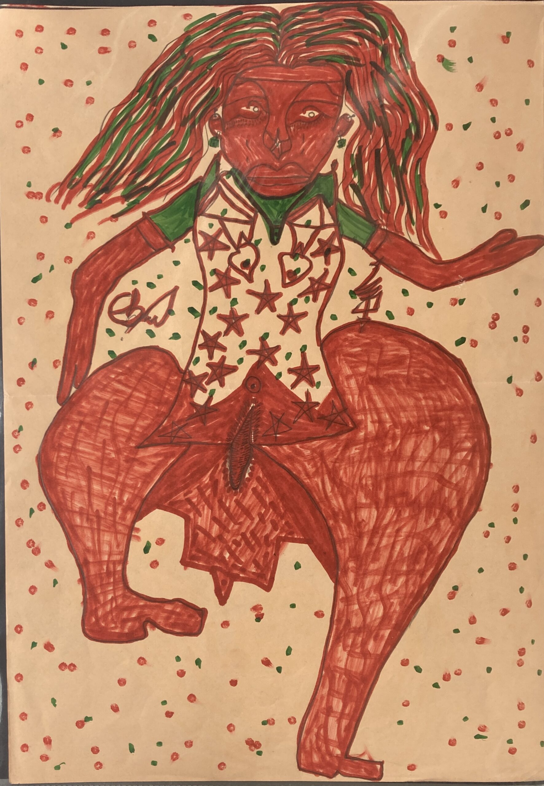 Ébou Ibrahim Kanteh — Œuvres d’art brut sur Supports Trouvés Dessin d’art brut réalisé sur support trouvé, présentant une figure frontale remplie de motifs répétitifs (étoiles, hachures, éclats) et une flèche-tag marquant le passage de la main. Style brut, symbolique et direct Contemporary outsider art