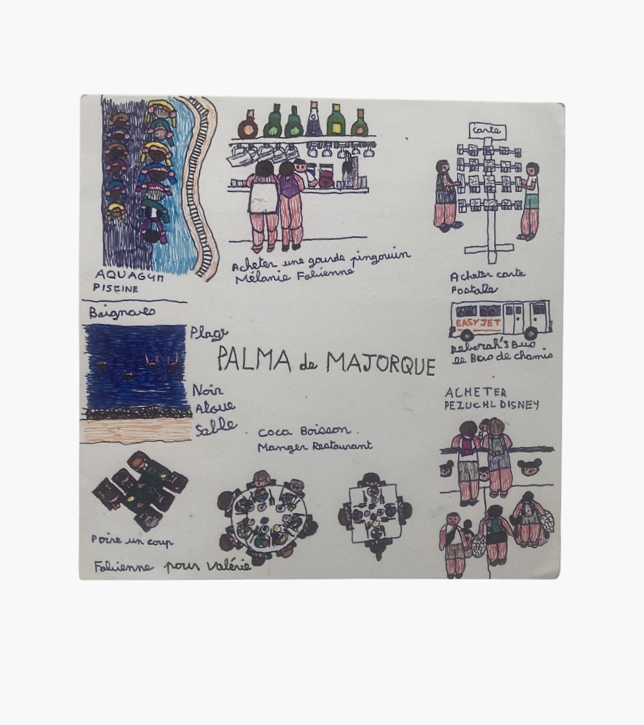 Fabienne Rousseau — Palma de Majorque Fabienne Rousseau — Palma de Majorque, composition illustrée avec personnages, aquarium, plage, commerces et annotations manuscrites