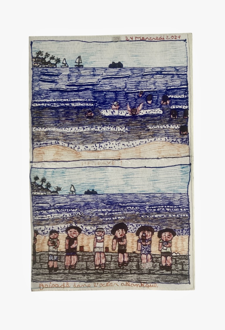 Fabienne Rousseau — Baignade à Hendaye Fabienne Rousseau — baignade à Hendaye, deux scènes de bord de mer avec baigneurs et voiliers