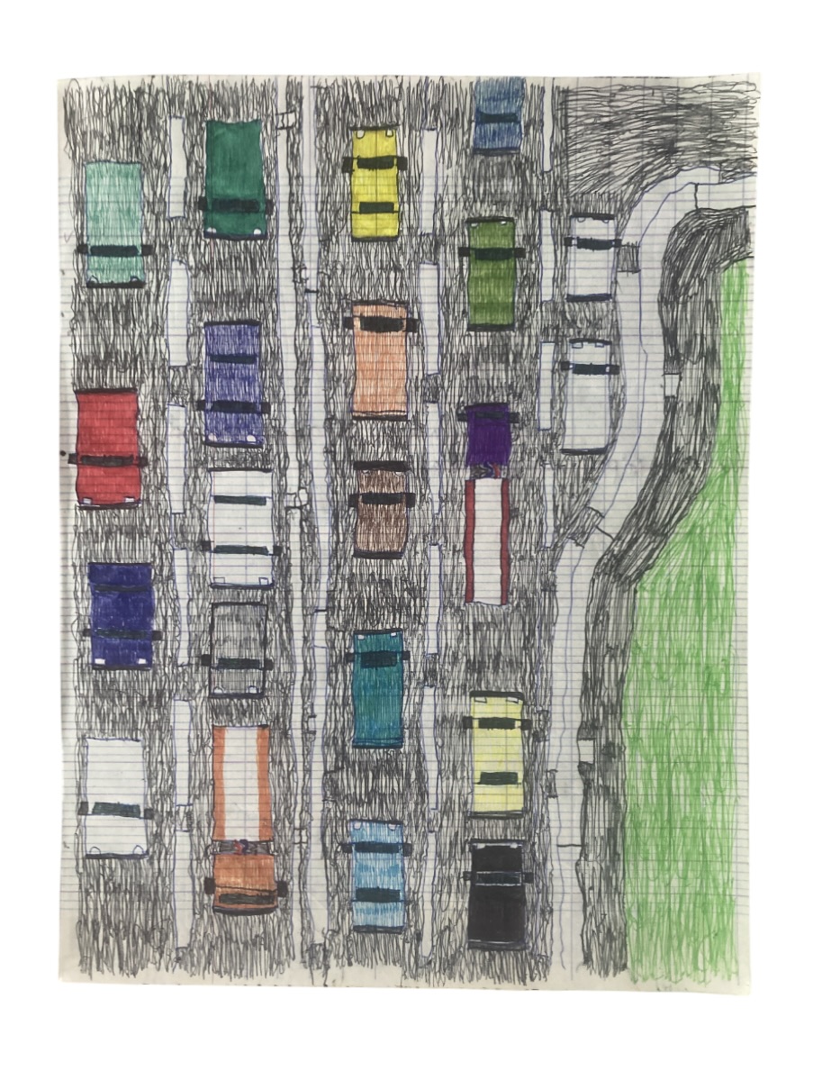 Fabienne Rousseau — Circulation automobile Fabienne Rousseau — circulation automobile vue de dessus, voitures colorées sur plusieurs voies