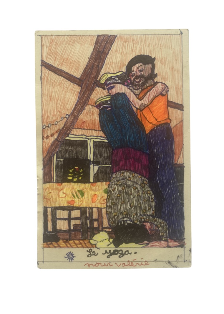 Fabienne Rousseau — Le yoga, pour Valérie Fabienne Rousseau — Le yoga, deux personnages dans une scène d’exercice, dessin adressé à Valérie