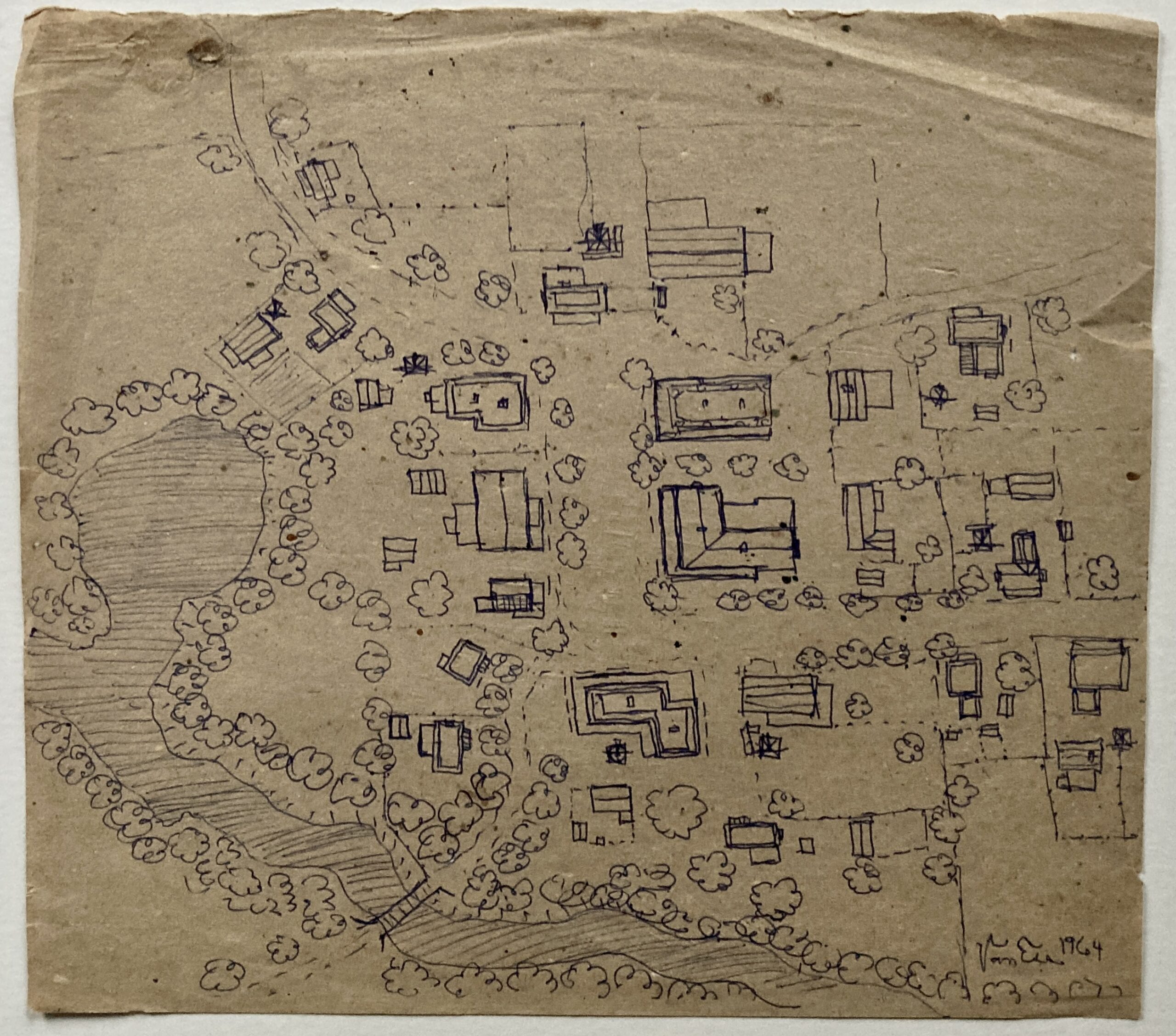 Warren A. Van Ess — Carte imaginaire — 1964 Carte imaginaire de Warren A. Van Ess dessinée au stylo sur carton en 1964, avec maisons, arbres et chemins