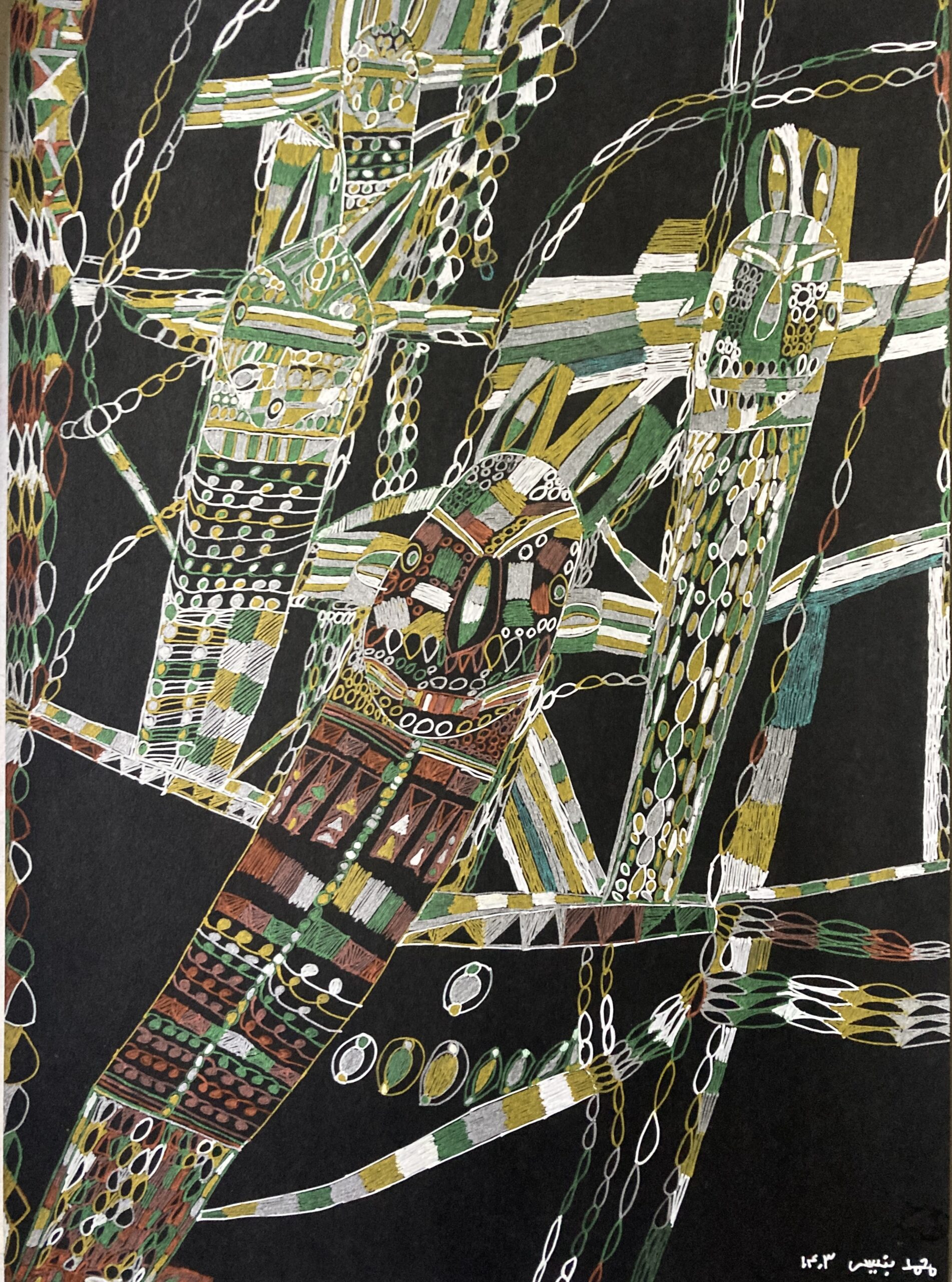 Œuvre d’art brut de Mohammad Banissi composée de grandes créatures animales et fantastiques sur fond noir