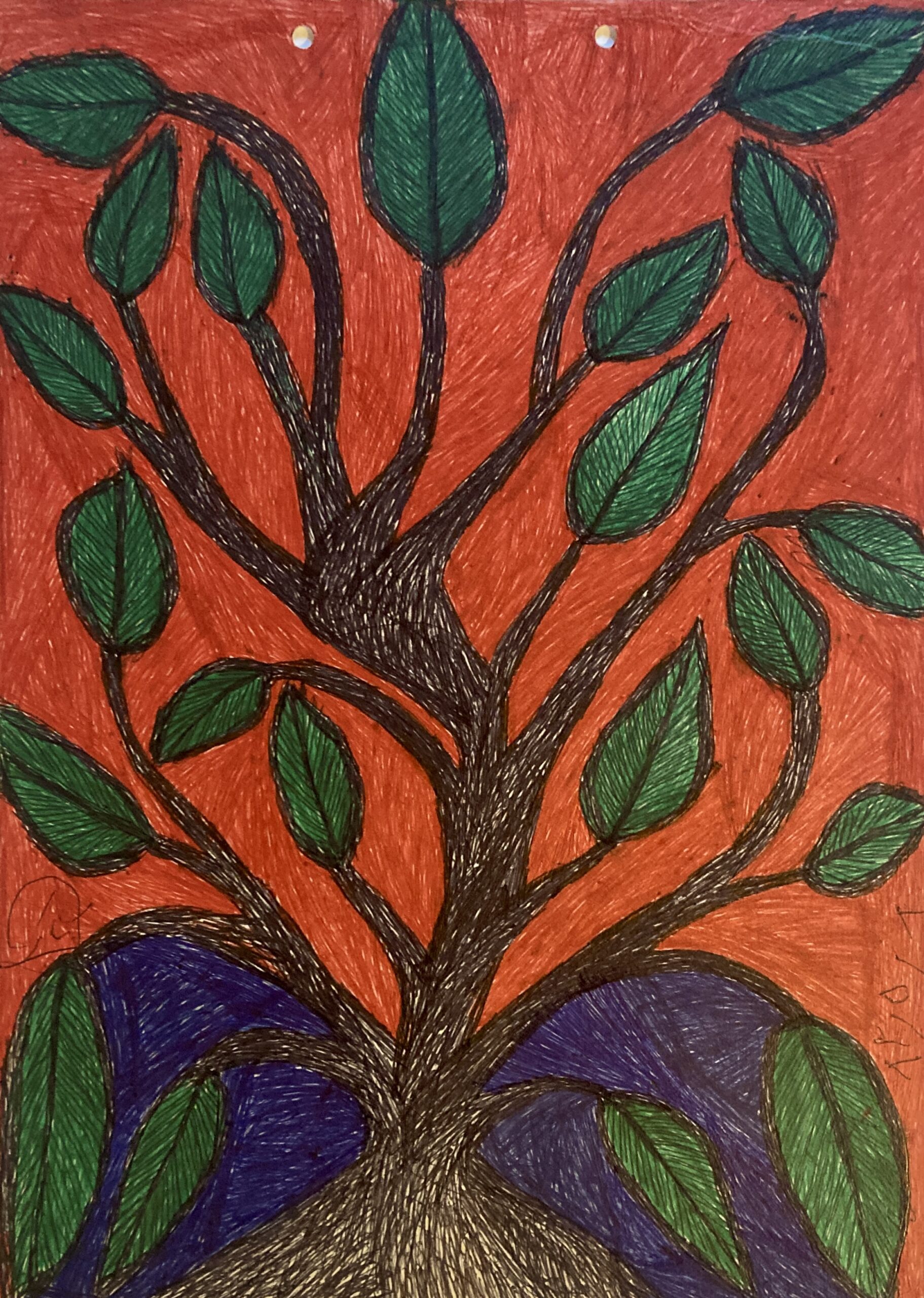 Œuvre d’art brut de Salim Karami représentant des formes végétales et animales