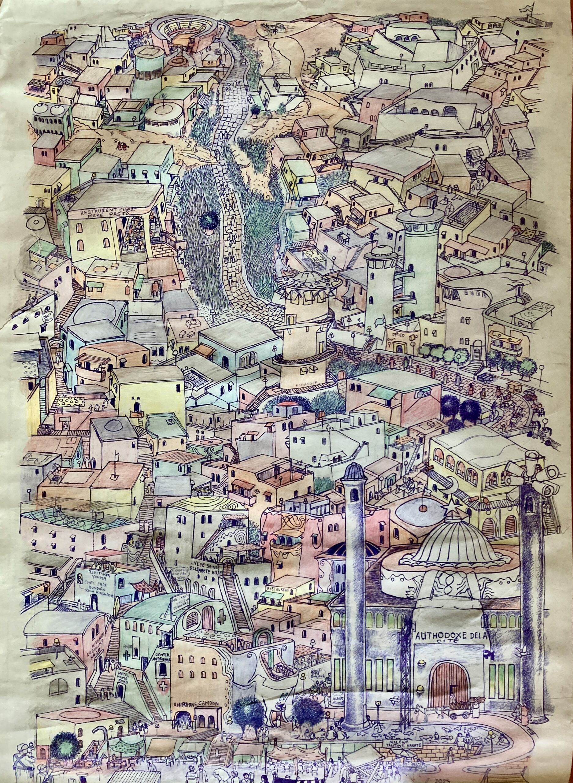 Dessin de Lusavuvu représentant une ville imaginaire très dense composée de maisons, rues, monuments et personnages
