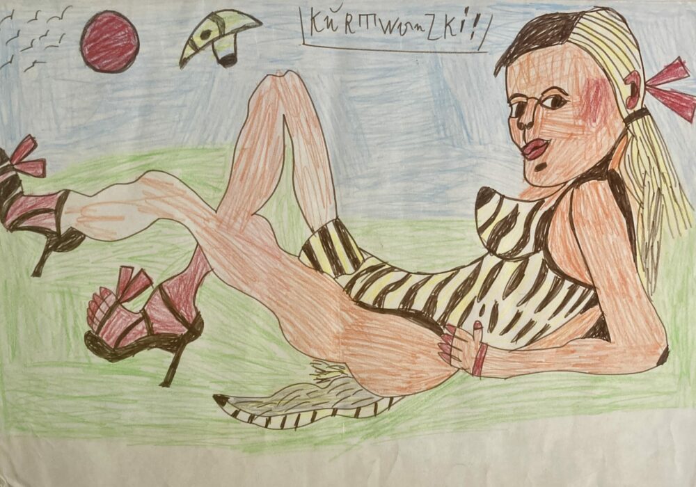 Kurt Wanski, dessin d’une femme allongée en chaussures à talons, réalisé au crayon de couleur et feutre sur papier.