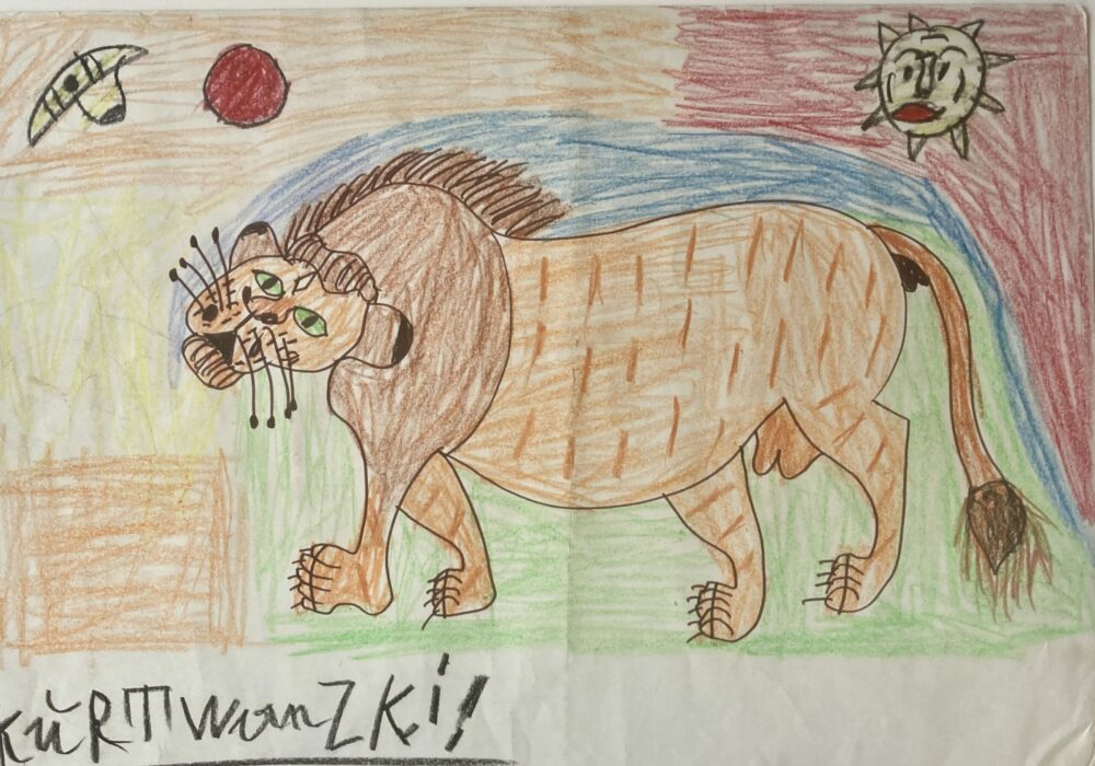 Kurt Wanski, dessin d’un lion à la crinière brune sous un soleil rouge, verso d’une œuvre sur papier.