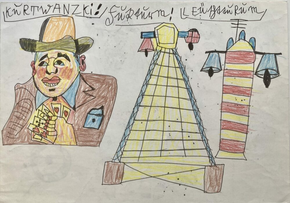 Verso d’un dessin de Kurt Wanski représentant un homme au chapeau tenant des cartes à jouer et deux grandes structures géométriques colorées.