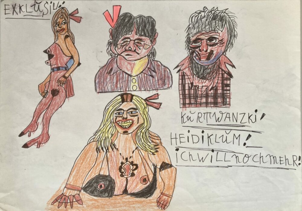 Dessin de Kurt Wanski représentant plusieurs personnages, dont une figure féminine identifiée par l’inscription « Heidi Klum », avec textes manuscrits et couleurs vives.