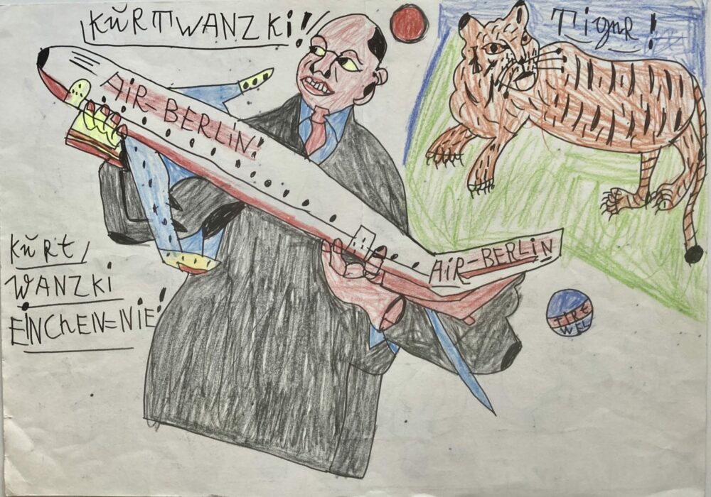 Dessin de Kurt Wanski représentant un homme tenant un avion portant l’inscription « Air Berlin », accompagné d’un tigre dans la partie droite de la composition.