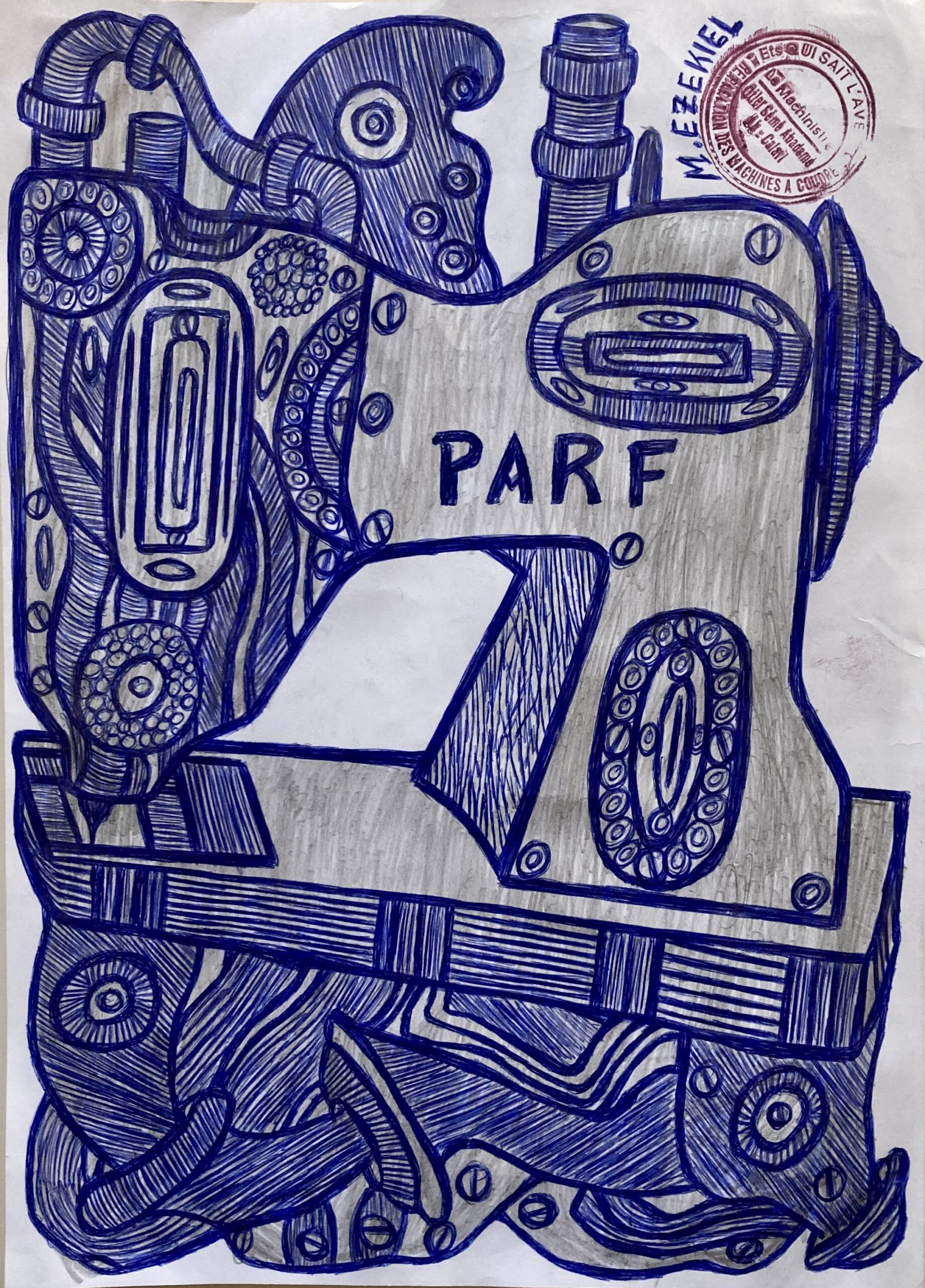 Ezekiel Messou, machine à coudre imaginaire, dessin au stylo bille sur papier