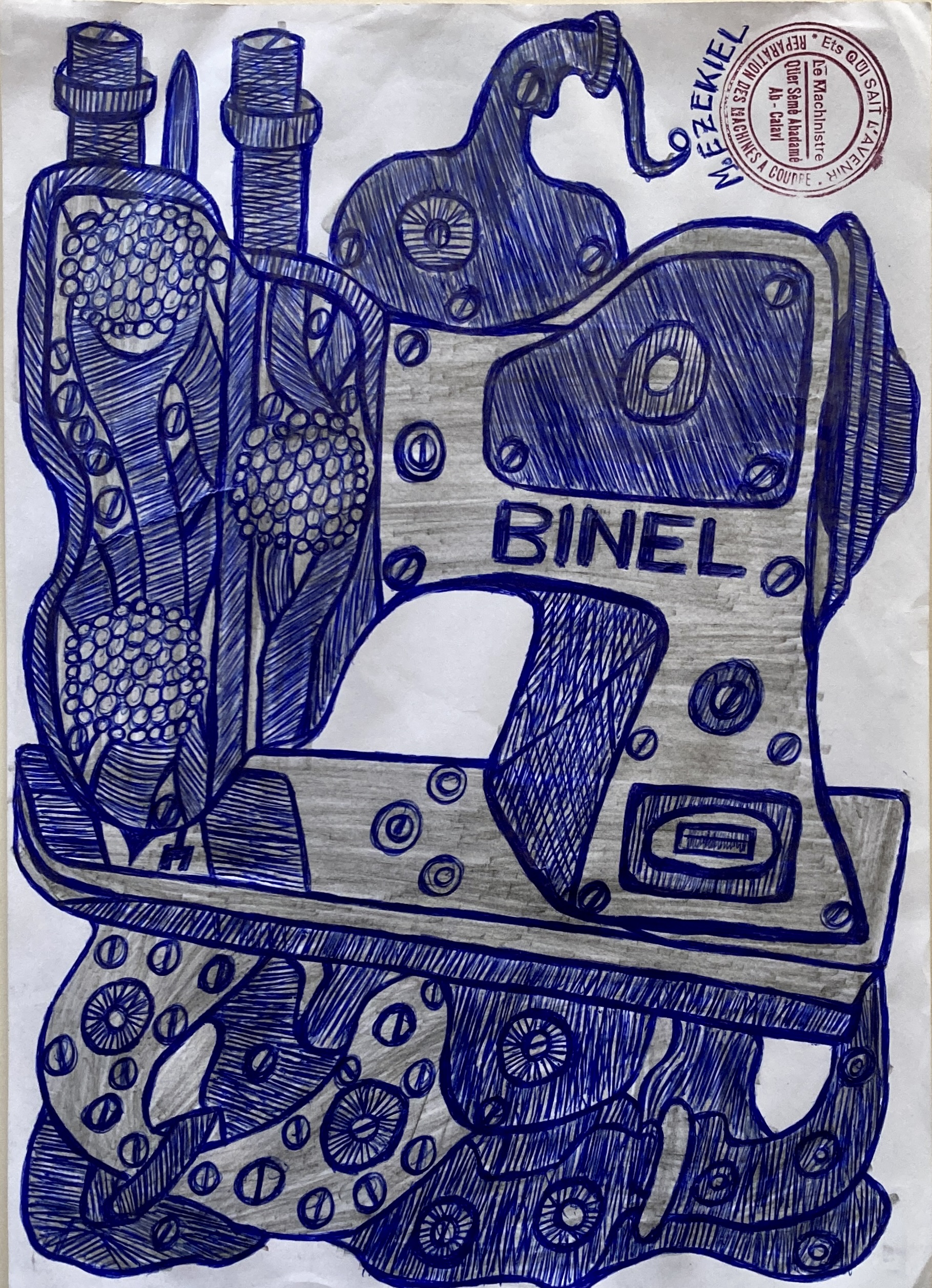 Ezekiel Messou, dessin de machine imaginaire, stylo bille sur papier